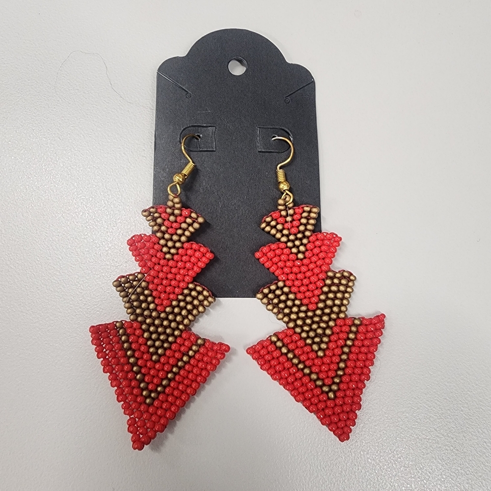 Artisan Red Gold Geometric Beaded Tiered Earrings Bohemian Festival Tribal